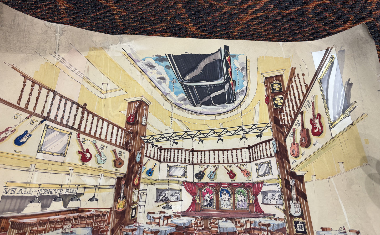 Hard Rock Café – San Antonio Hand-Rendered Interior Concept Original 1994 Watercolor Marker Illustration | 30” x 21”