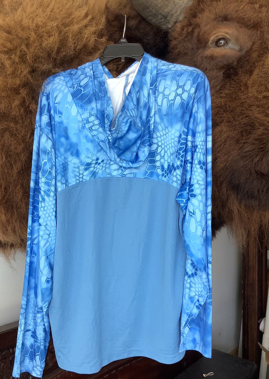 Lighter Blue Fin-etic hooded fishing shirt by PARAMOUNT OUTDOOR PRODUCTS