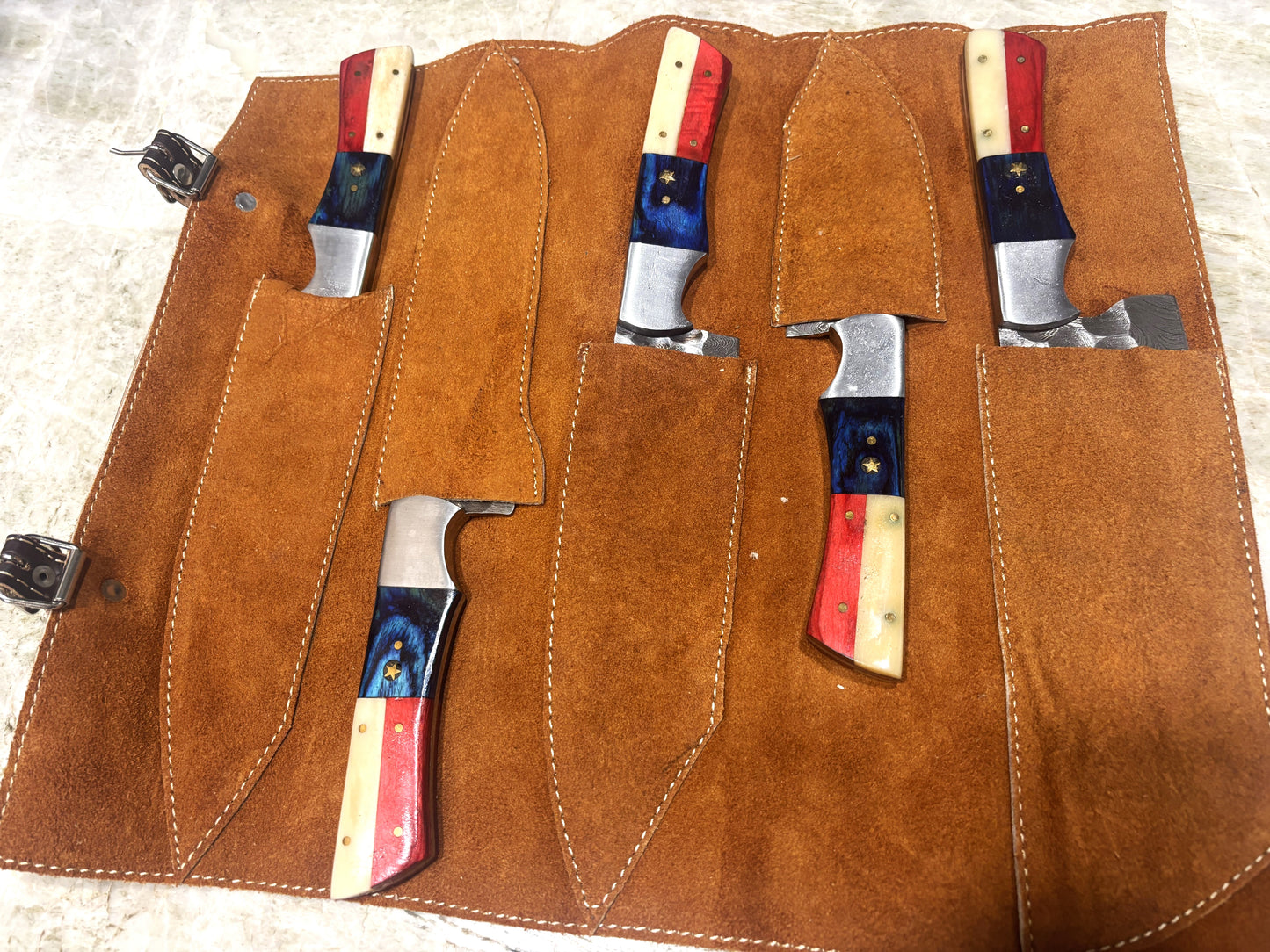 Damascus Chef Sets with Leather Knife Roll