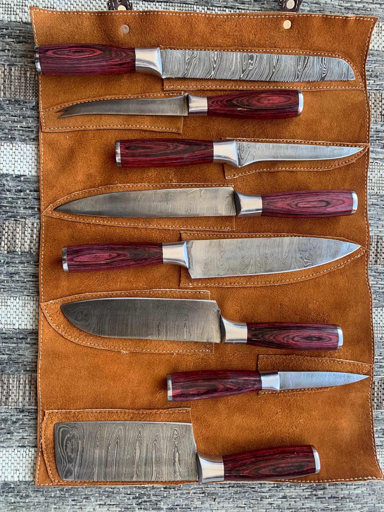 Damascus Steel Chef/Butcher 8 or 5 piece sets with suede knife roll