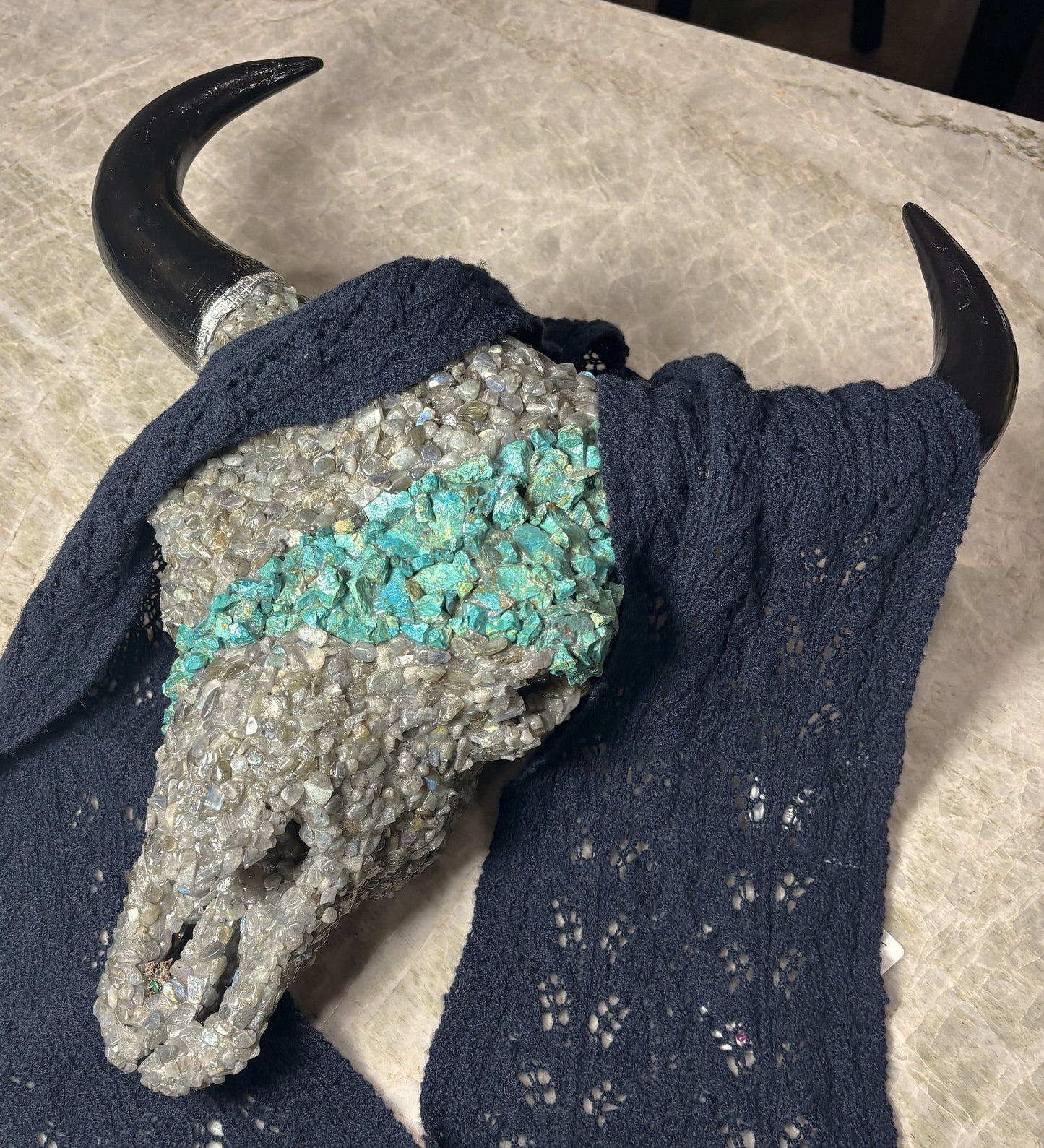 Chrysocolla and Labradorite overlay resin bison skull