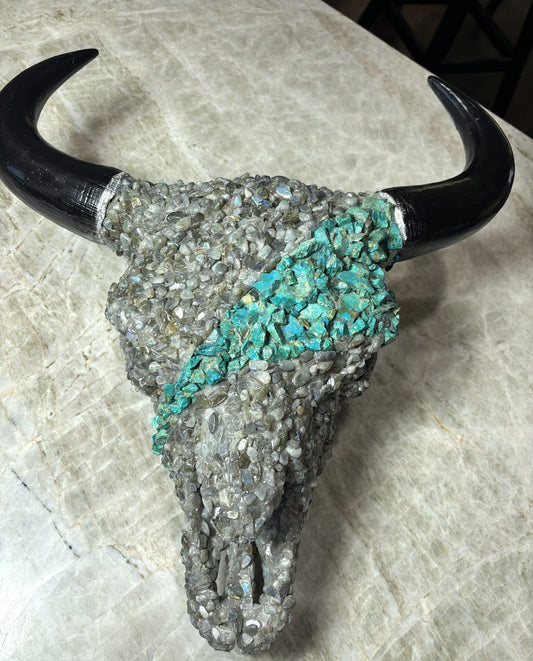 Chrysocolla and Labradorite overlay resin bison skull