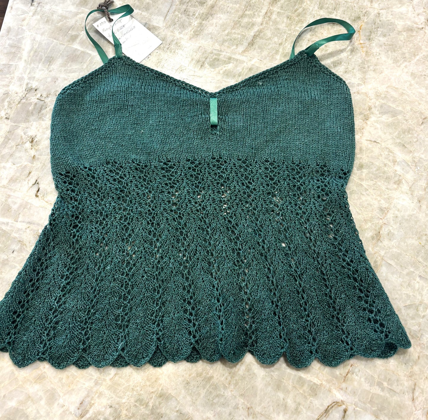 Hand Knit - Lacy Tank Top in "Lux" - bison, Silk, Cashmere, Tencel yarn - malachite color