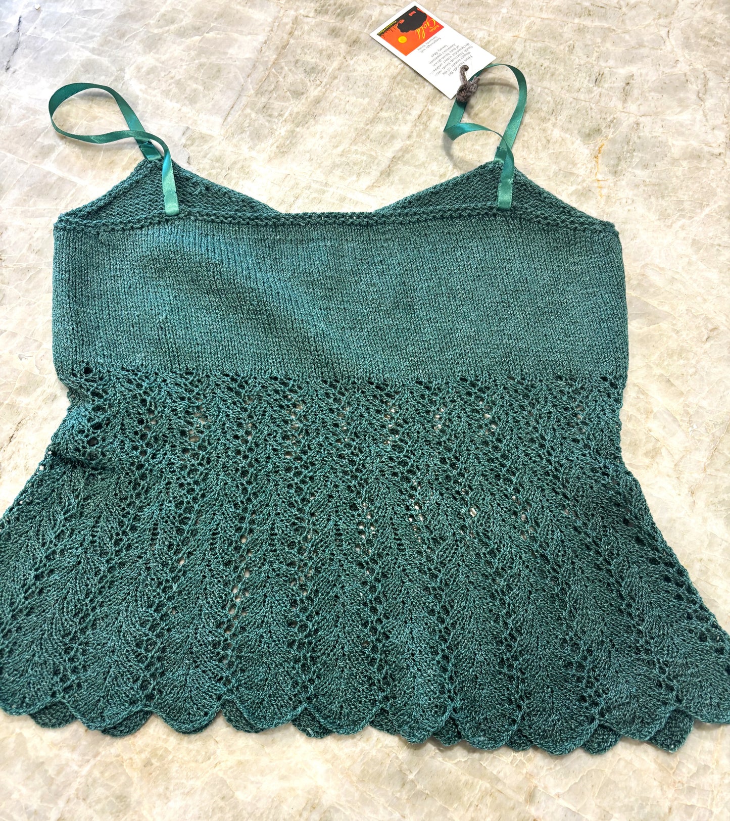 Hand Knit - Lacy Tank Top in "Lux" - bison, Silk, Cashmere, Tencel yarn - malachite color