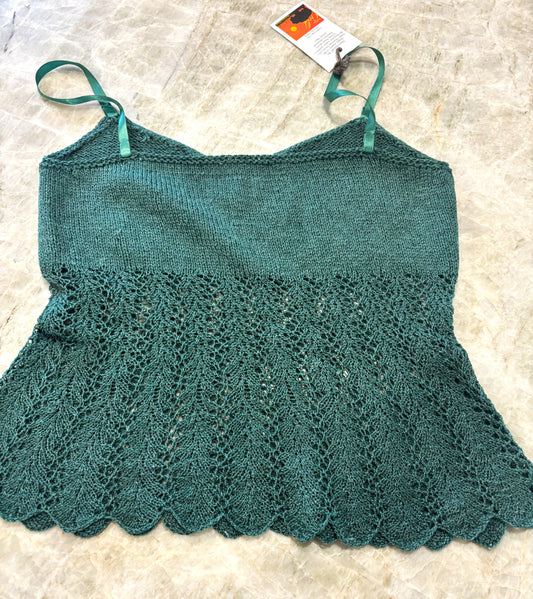 Hand Knit - Lacy Tank Top in "Lux" - bison, Silk, Cashmere, Tencel yarn - malachite color