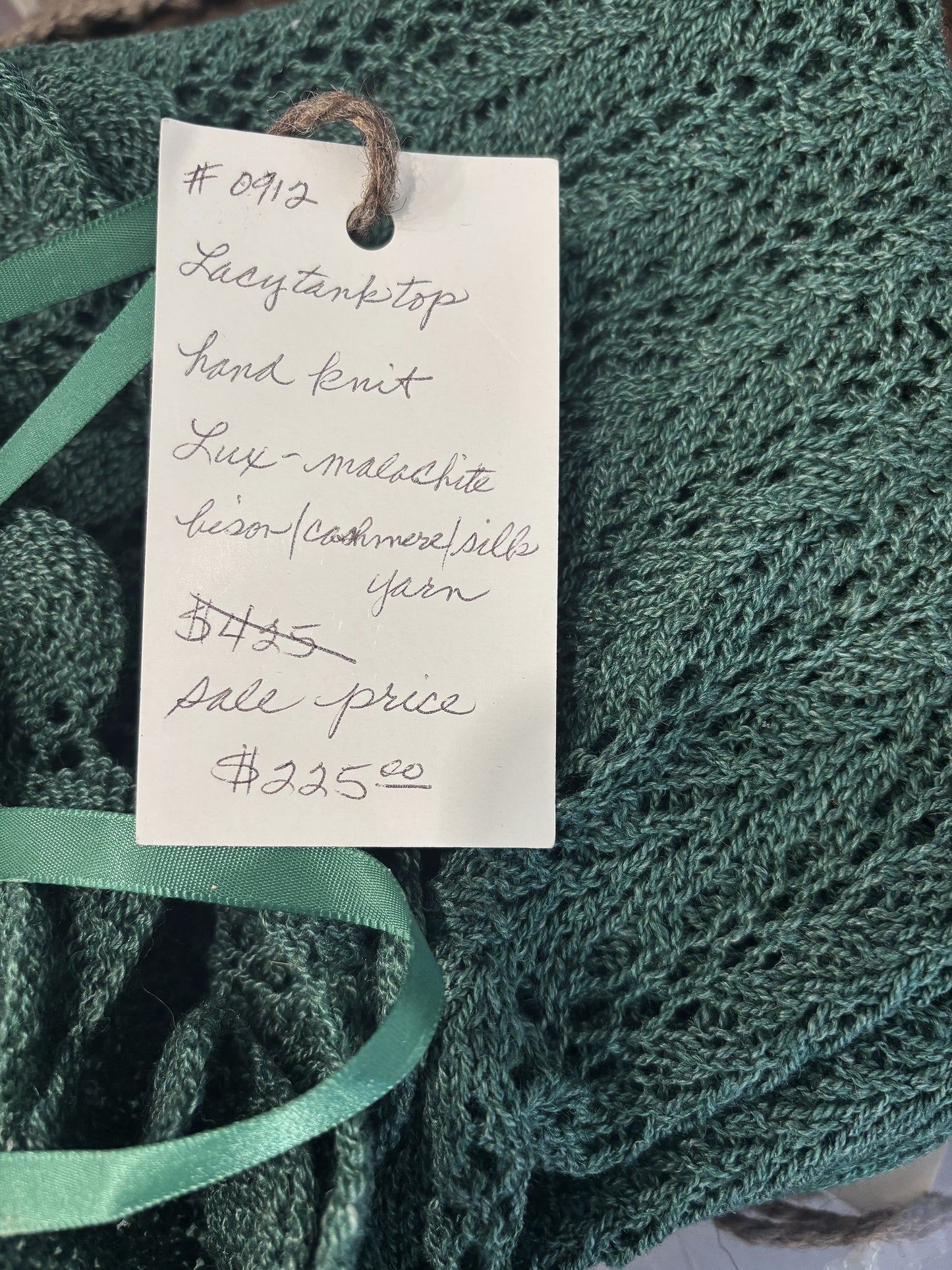 Hand Knit - Lacy Tank Top in "Lux" - bison, Silk, Cashmere, Tencel yarn - malachite color