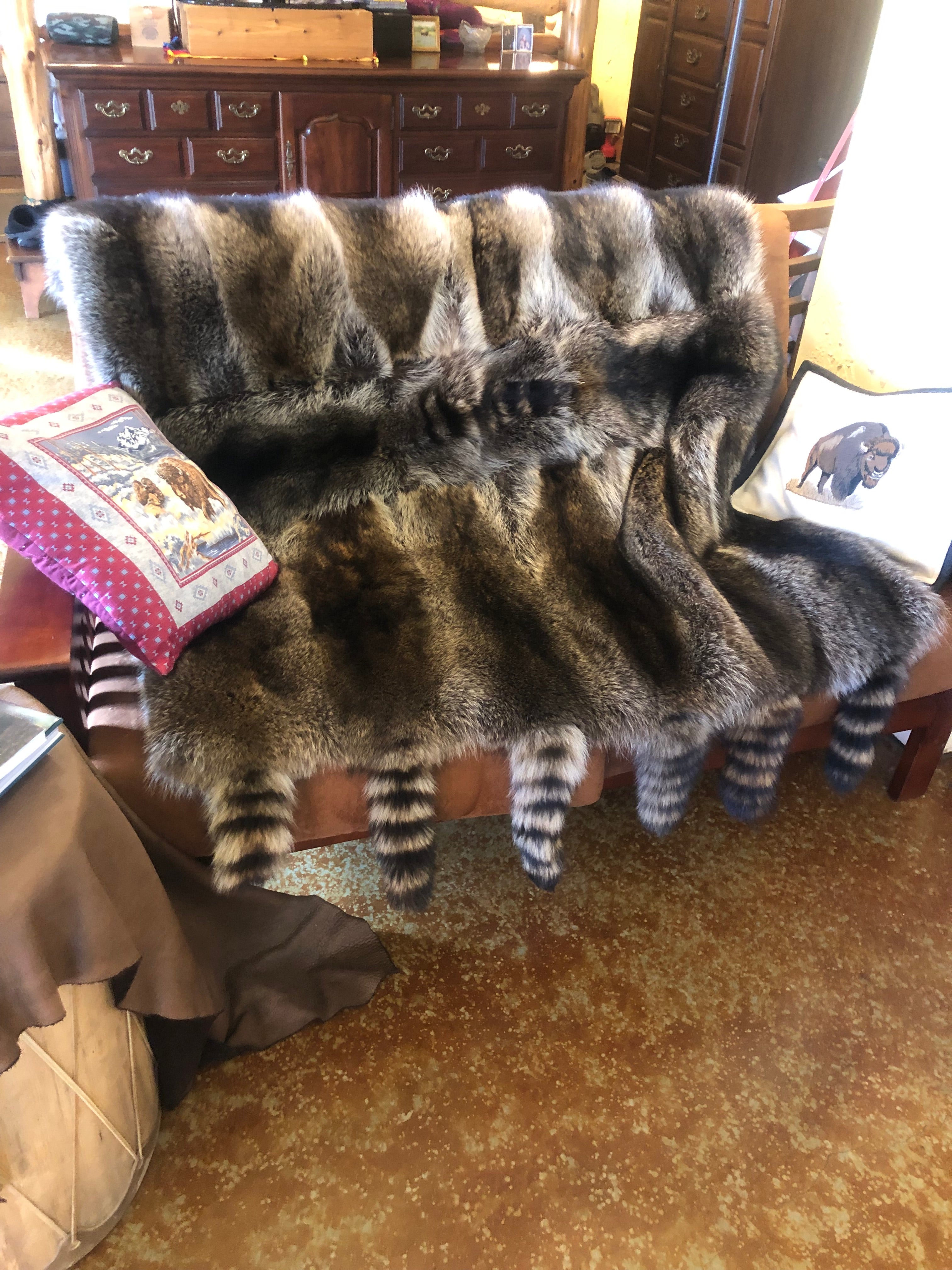 Sue Vinson Furs-hand made raccoon pelt throw/blanket