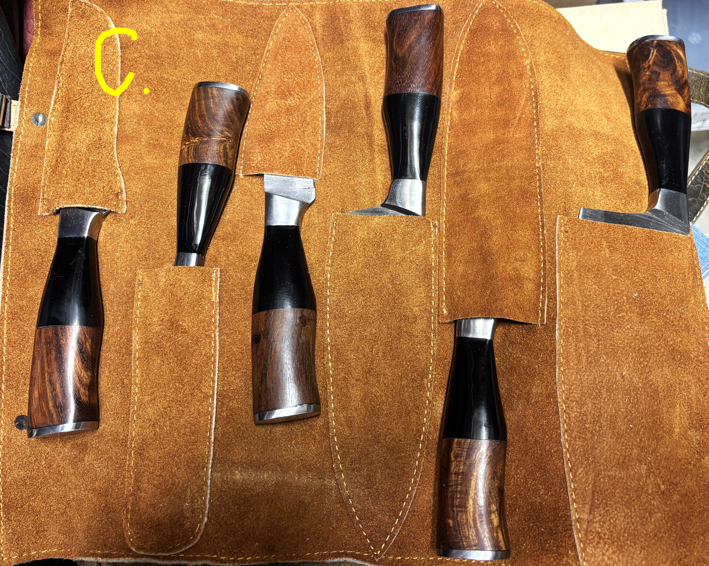 Damascus Chef Sets with Leather Knife Roll