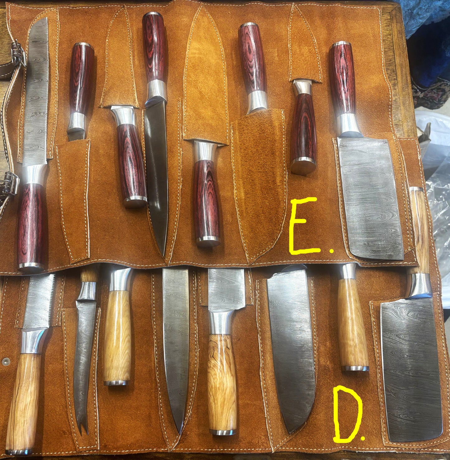 Damascus Chef Sets with Leather Knife Roll