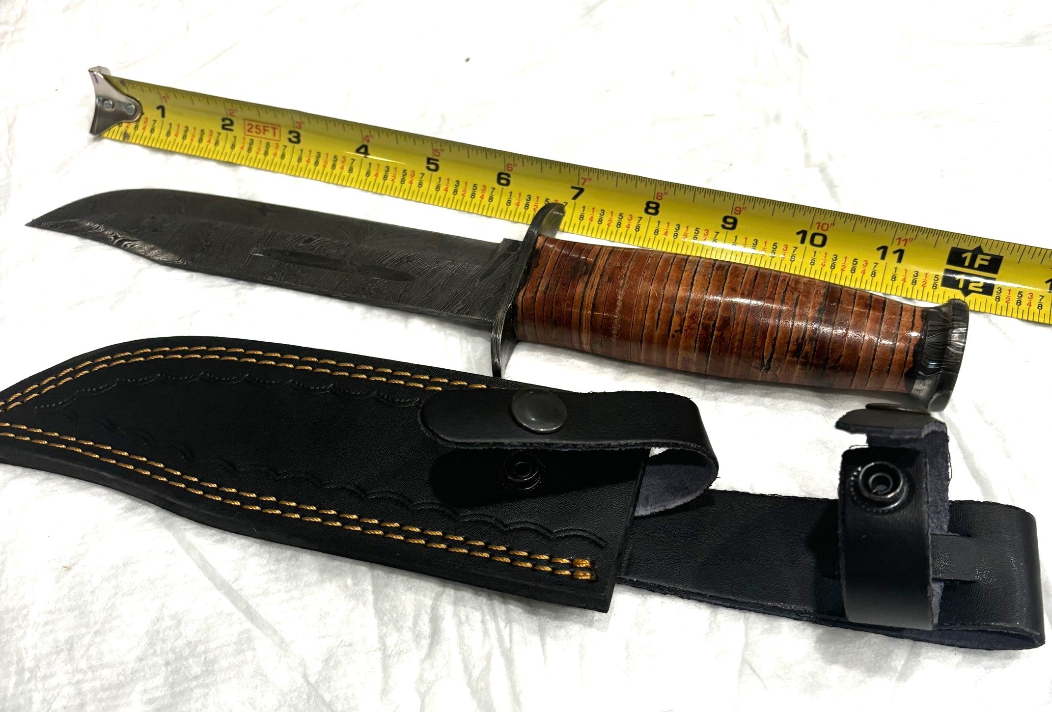 Damascus Steel "Ka-Bar" duplicate with stacked leather handle