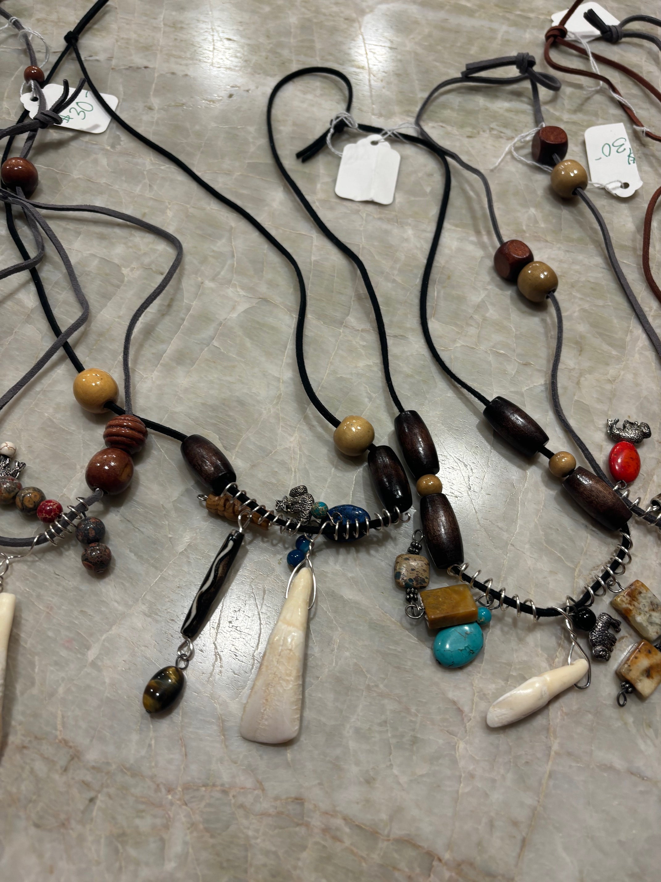 Buffalo Tooth Necklaces with Stones, wooden beads, wire wraps ... and more