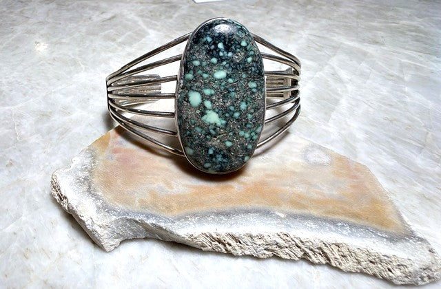 SPR - Sterling Silver Wire Cuff with Chrysocolla Stone