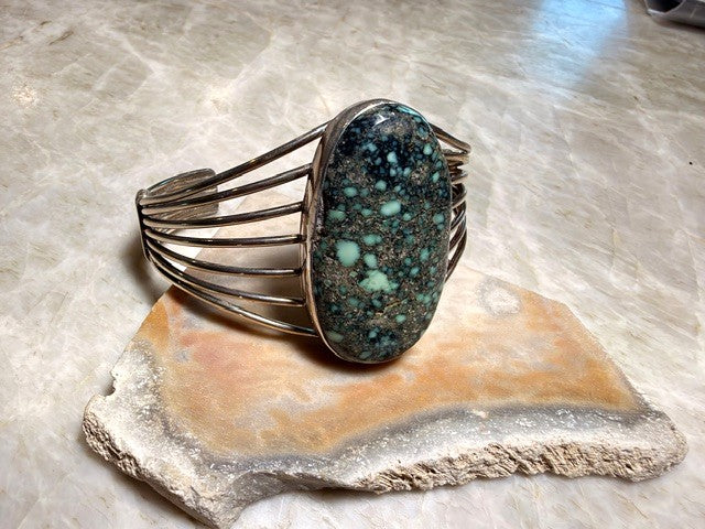 SPR - Sterling Silver Wire Cuff with Chrysocolla Stone
