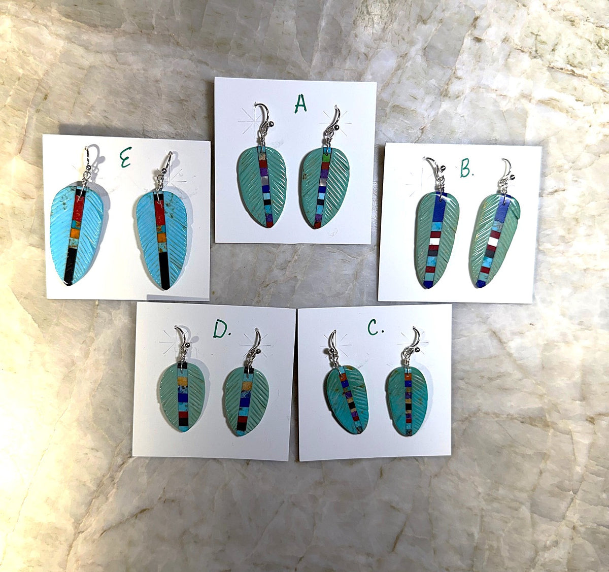 SPR - Carved Turquoise Feather Earrings with stone inlay