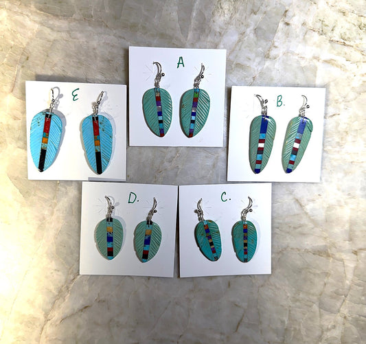 SPR - Carved Turquoise Feather Earrings with stone inlay