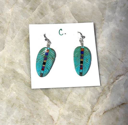 SPR - Carved Turquoise Feather Earrings with stone inlay
