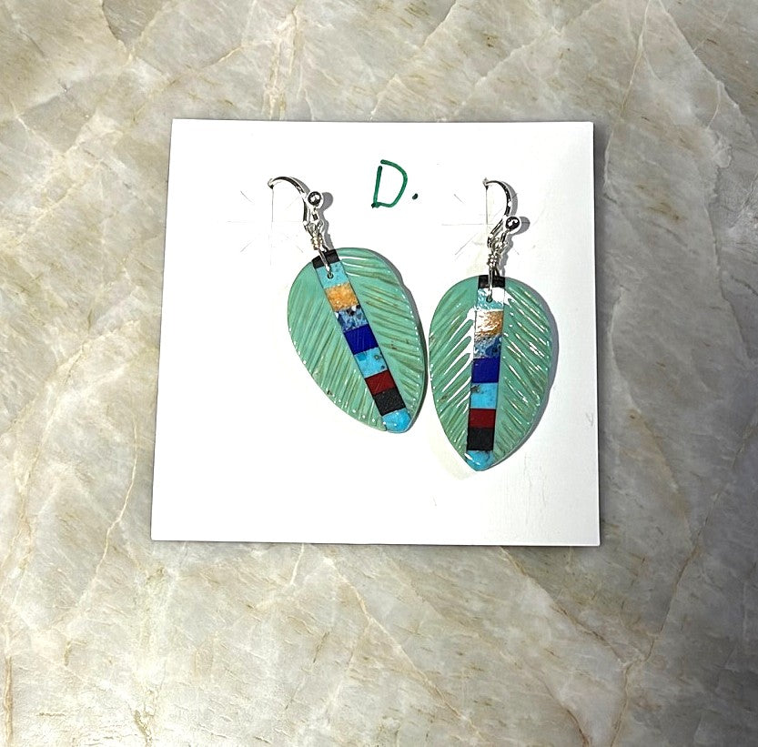 SPR - Carved Turquoise Feather Earrings with stone inlay