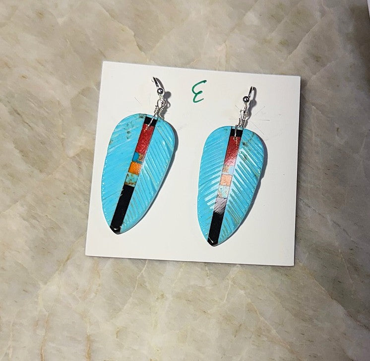 SPR - Carved Turquoise Feather Earrings with stone inlay