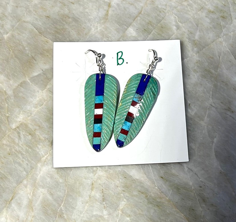 SPR - Carved Turquoise Feather Earrings with stone inlay