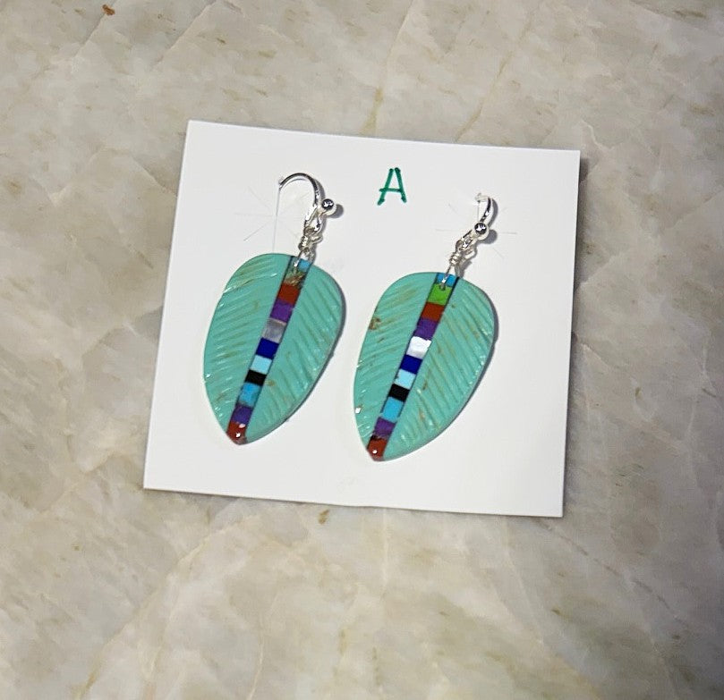 SPR - Carved Turquoise Feather Earrings with stone inlay