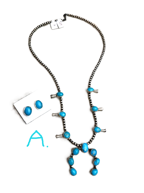 SPR - Kingman Turquoise Navajo made Squash Blossom necklaces, with naja's