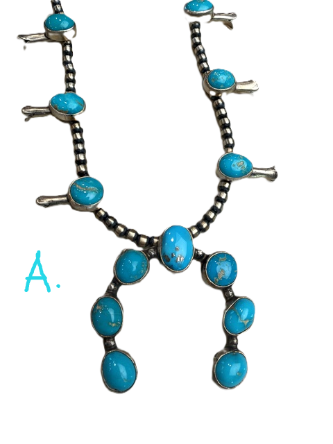 SPR - Kingman Turquoise Navajo made Squash Blossom necklaces, with naja's