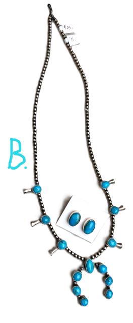 SPR - Kingman Turquoise Navajo made Squash Blossom necklaces, with naja's