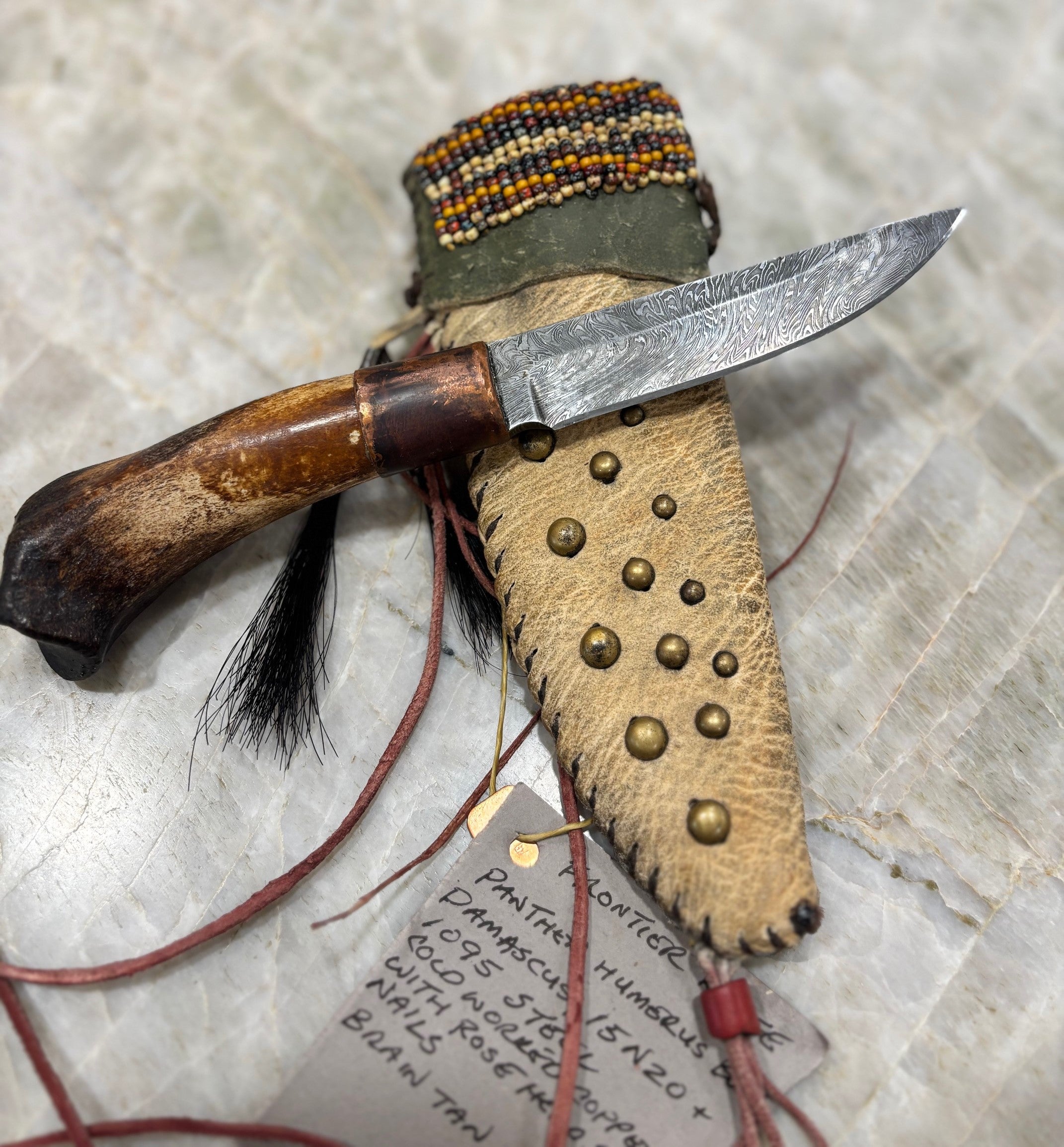 Charles Sinclair - "Frontier" style custom American Damascus steel and Panther Humerus knife