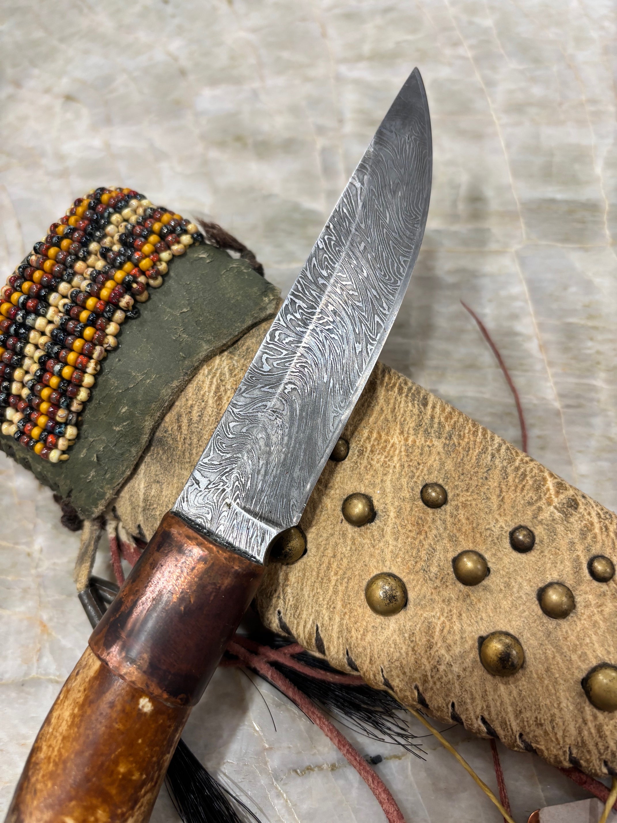 Charles Sinclair - "Frontier" style custom American Damascus steel and Panther Humerus knife