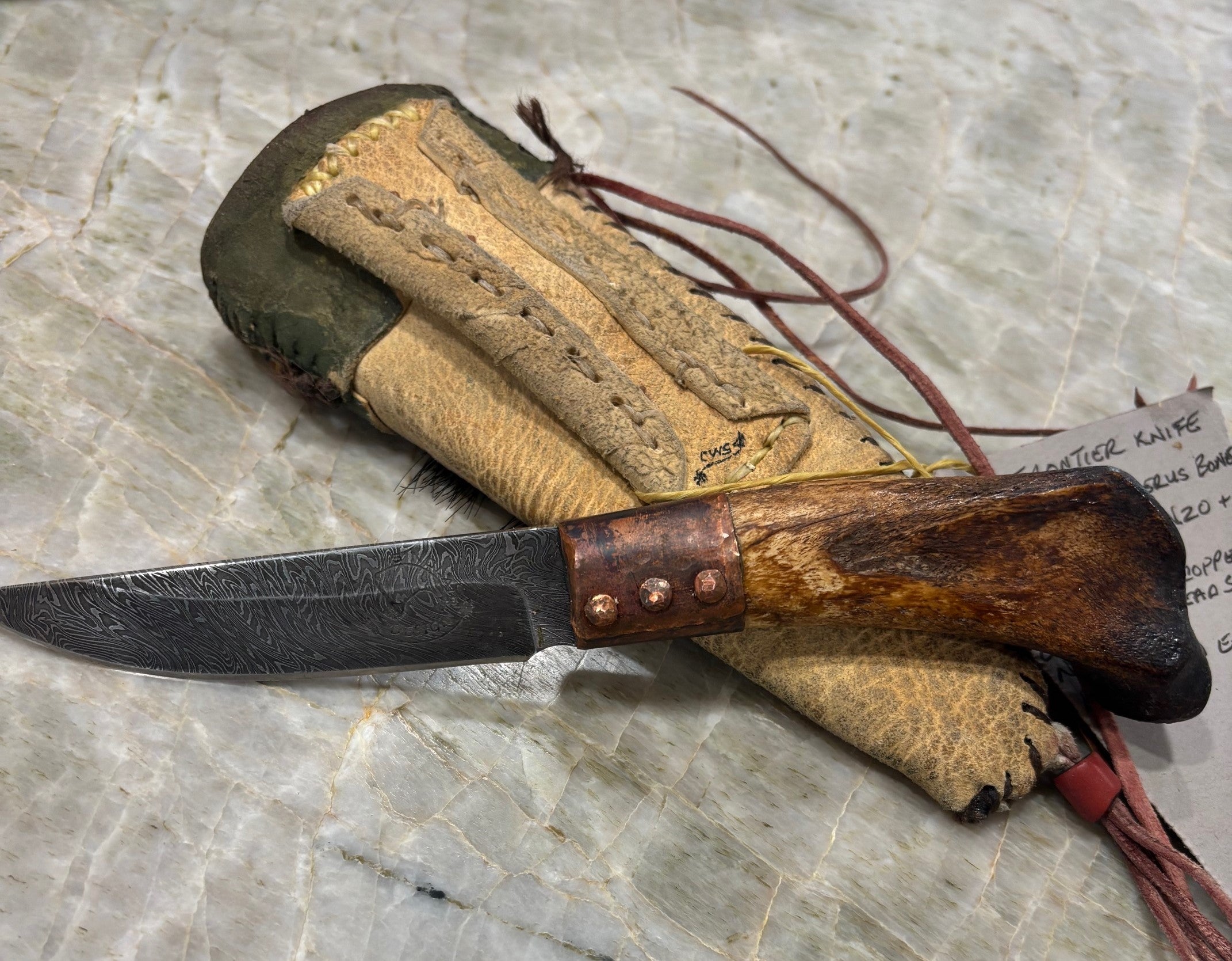 Charles Sinclair - "Frontier" style custom American Damascus steel and Panther Humerus knife