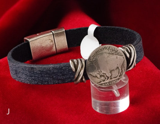 Bison Leather Bracelets by Cathy Crelling - 7.5" Dark Blue Buffalo Nickel