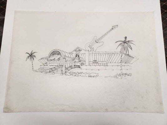 Hard Rock Café –  Concept Exterior (Signed 1993) David Parker Original Pen and Ink Overlay on Vellum 36" x 24"