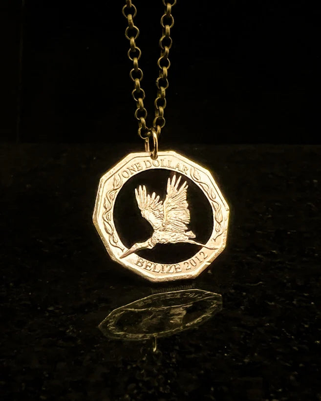 Belize Jabiru Bird, One Dollar - Hand Cut Coin Pendant