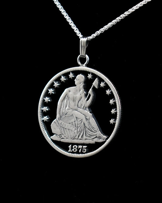 U.S. – Sitting Liberty Silver Half-Dollar. Cut by hand from an actual U.S. half dollar silver coin. It features the design known as "Sitting Liberty.” - American Cut Coin Jewelry from Jarrett Leone in New Hampshire (Copy)