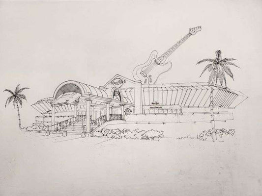 Hard Rock Café –  Concept Exterior (Signed 1993) David Parker Original Pen and Ink Overlay on Vellum 36" x 24"