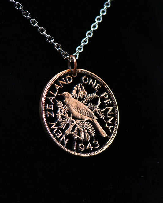 Hand Cut Coin Pendant from Jarrett Leone - Tui Bird cut by hand from an actual one penny coin from New Zealand. - Cut Coin Jewelry from Jarrett Leone in New Hampshire (Copy)
