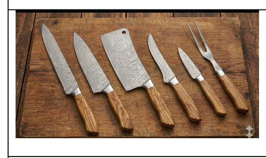 Damascus Chef Sets with Leather Knife Roll