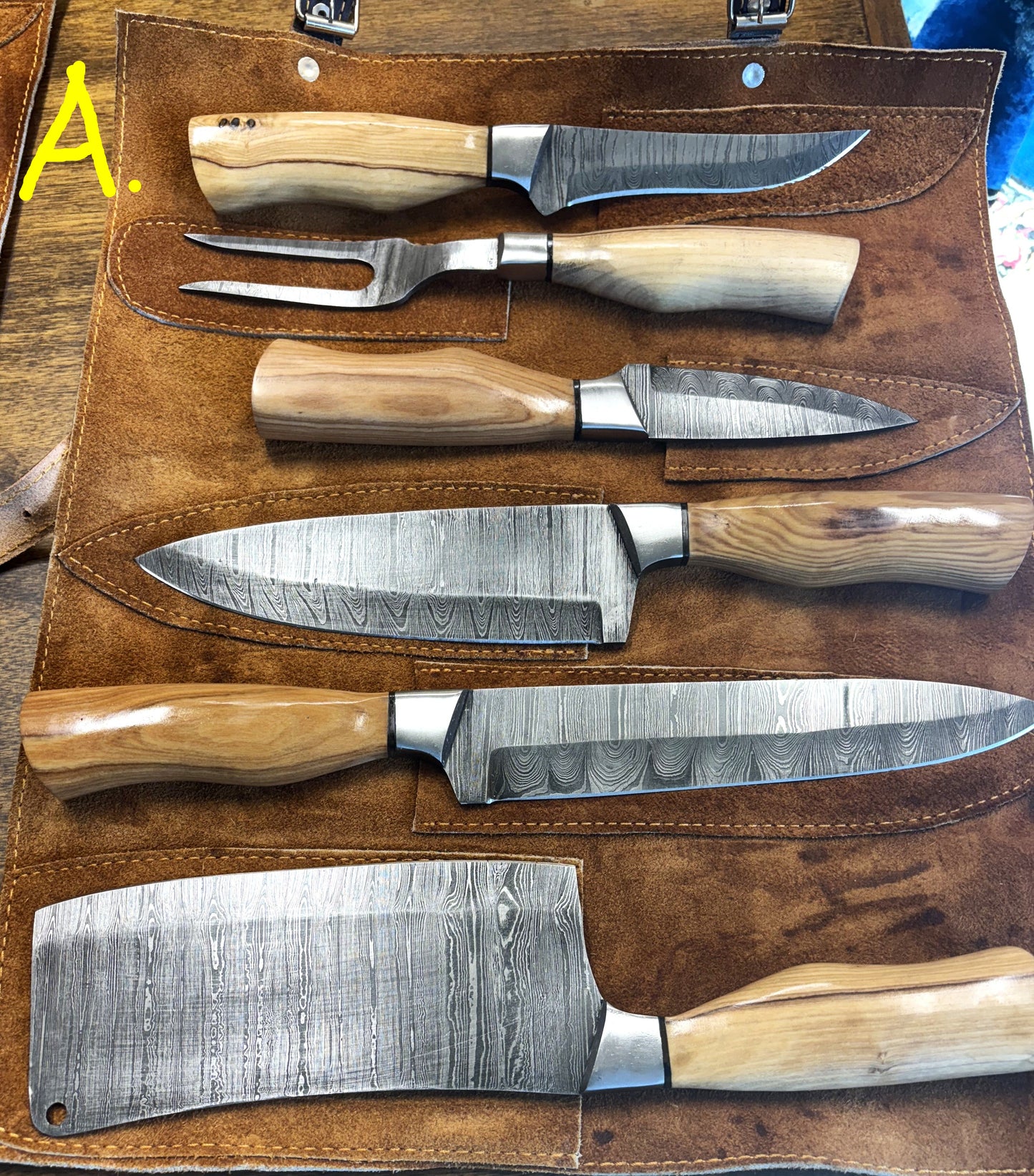 Damascus Chef Sets with Leather Knife Roll