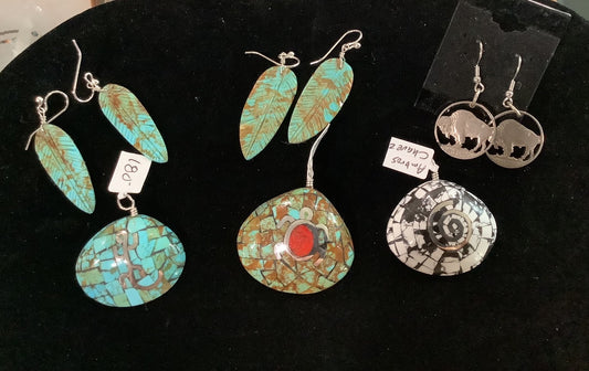 SPR - Turquoise Clad Shell Pendant, Carved Turquoise Feather Earrings and/or Navajo Pearls