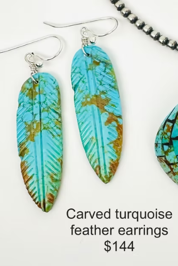 SPR - Turquoise Clad Shell Pendant, Carved Turquoise Feather Earrings and/or Navajo Pearls