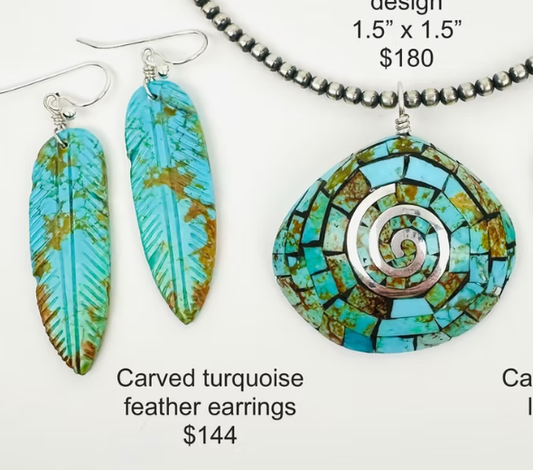 SPR - Turquoise Clad Shell Pendant, Carved Turquoise Feather Earrings and/or Navajo Pearls