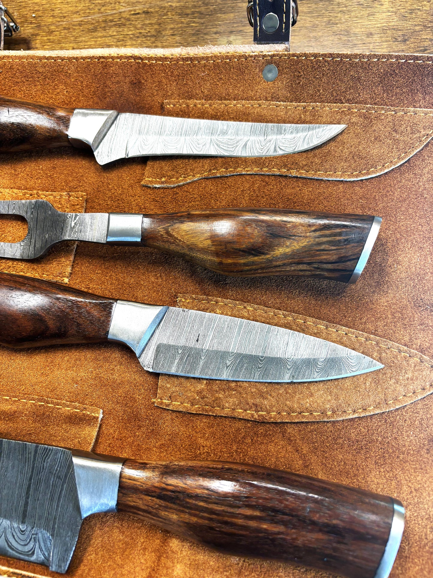 Damascus Chef Sets with Leather Knife Roll
