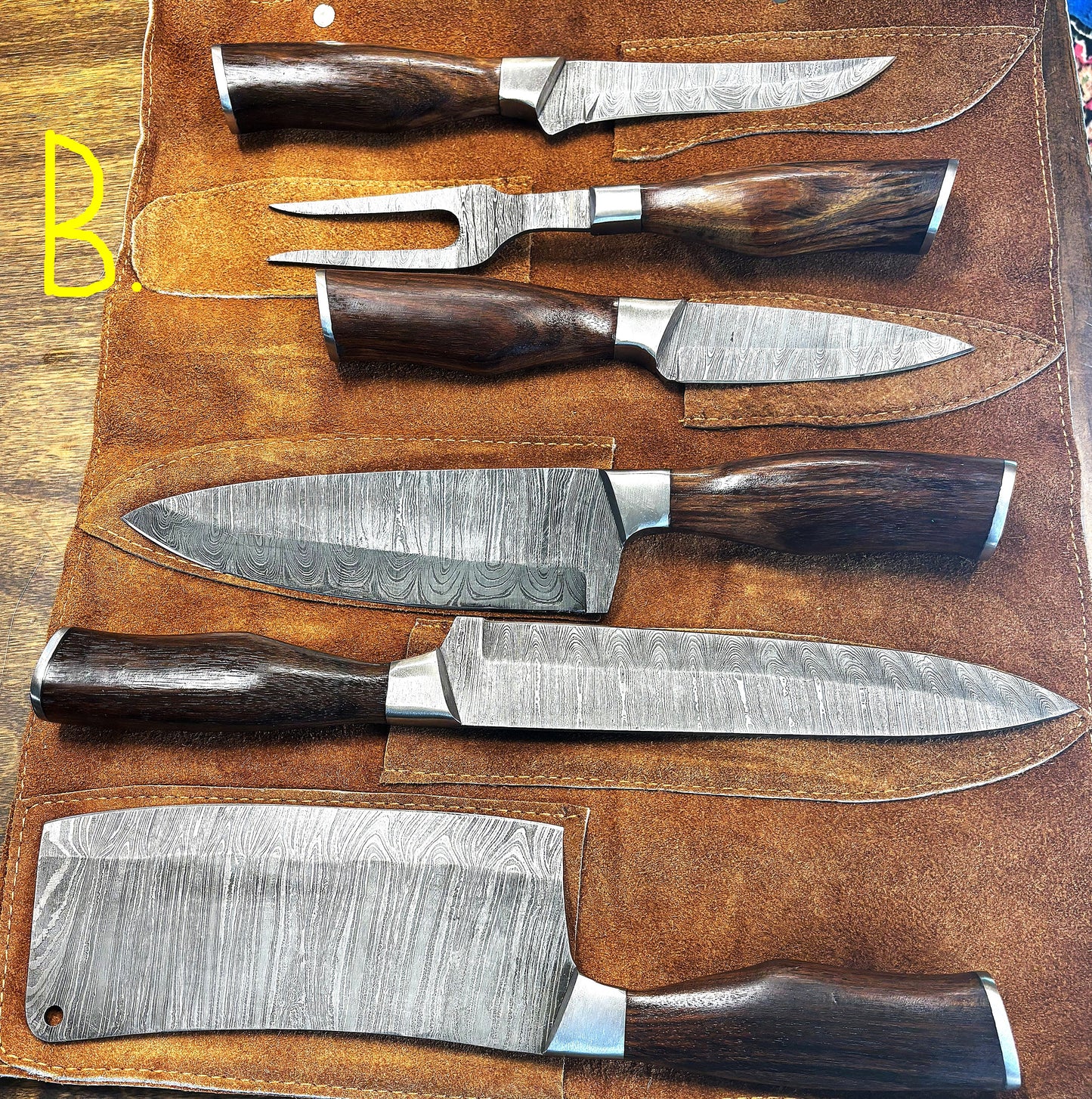 Damascus Chef Sets with Leather Knife Roll