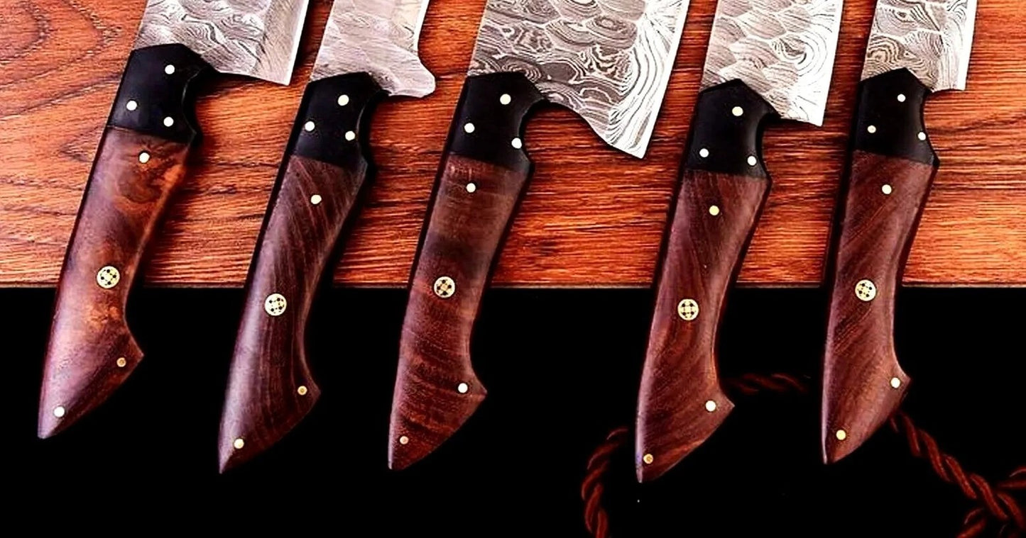 Damascus Chef Sets with Leather Knife Roll