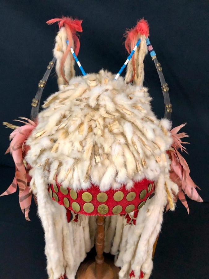 One of a Kind - Native Warrior head piece with split and tacked horns; ermine and beaded