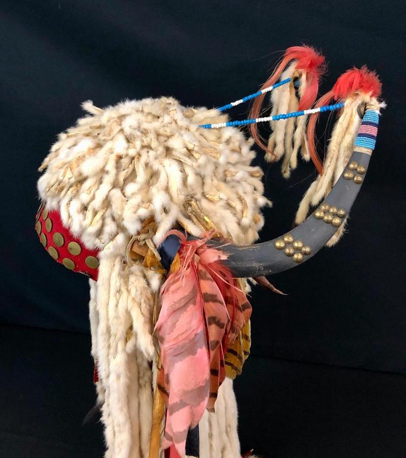 One of a Kind - Native Warrior head piece with split and tacked horns; ermine and beaded