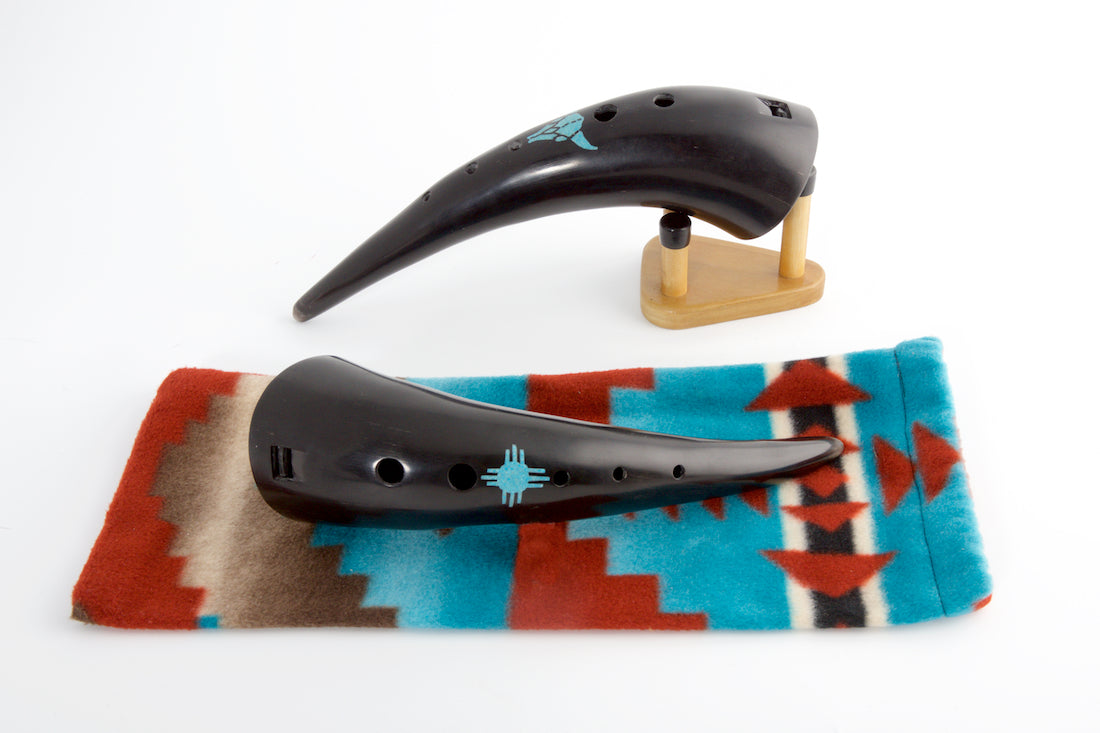 Bison Horn Moon Flute with Inlaid Turquoise
