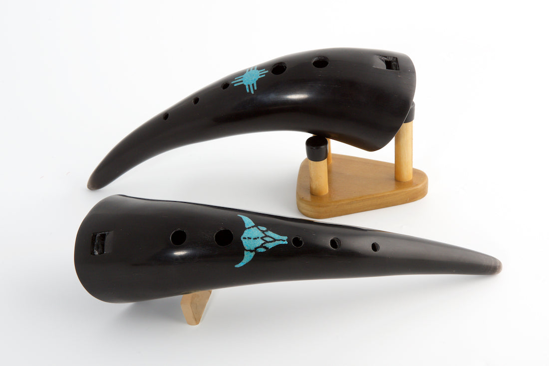 Bison Horn Moon Flute with Inlaid Turquoise