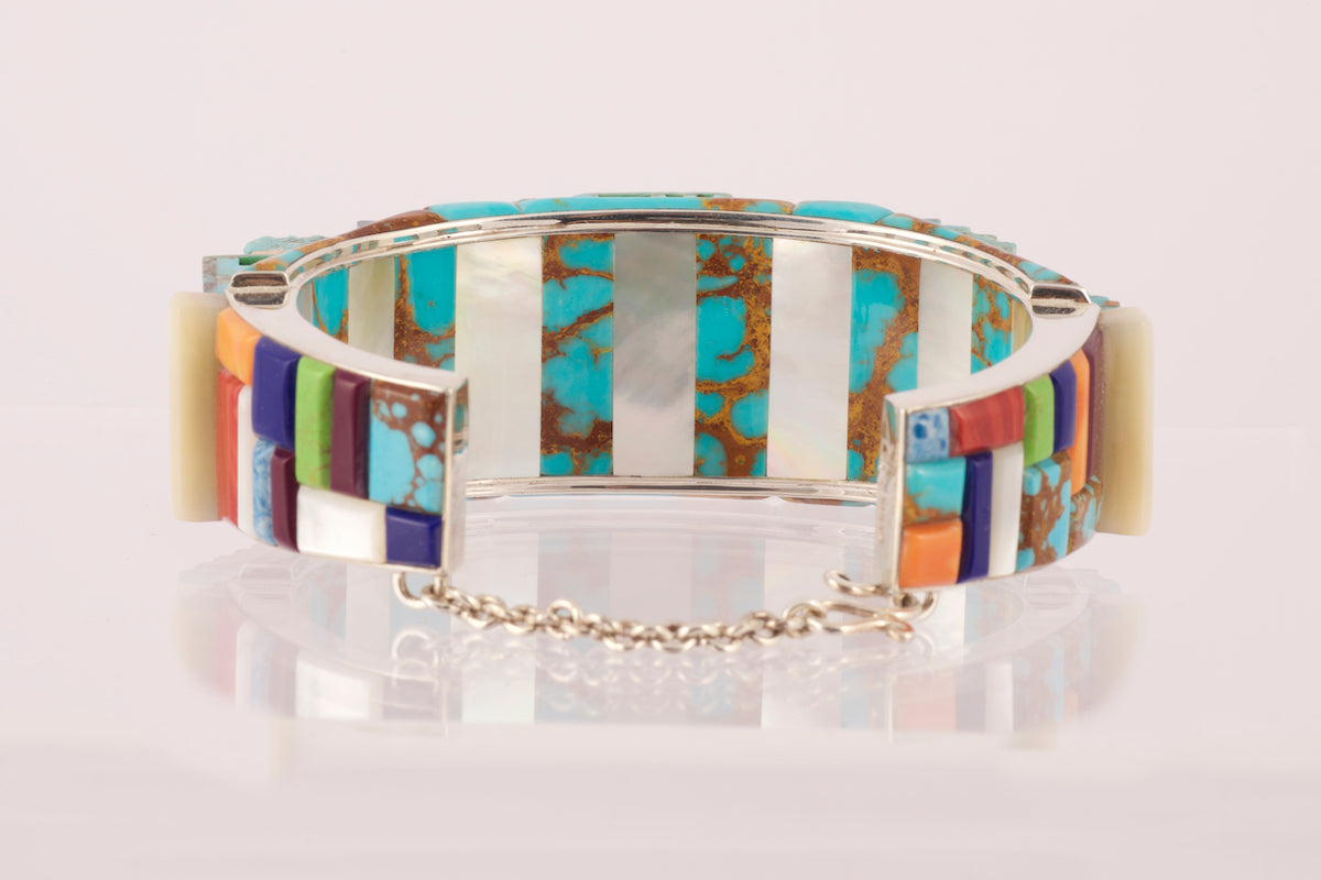 Cuff - Pueblo cuff bracelet No 1 - turquoise, mother-of-pearl and other semi precious stones.