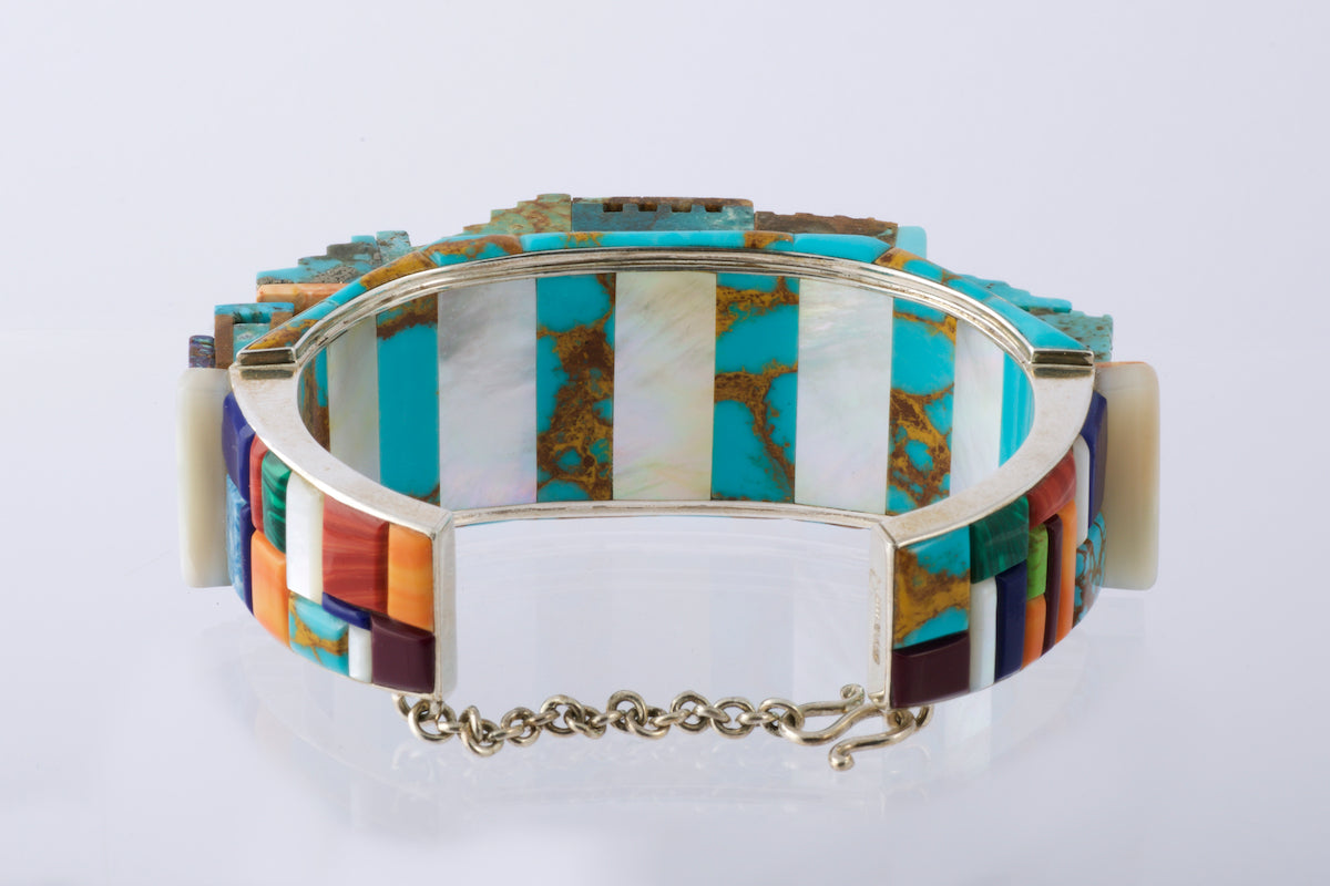 Cuff - Pueblo cuff bracelet No 2 - turquoise, mother-of-pearl and other semi precious stones.